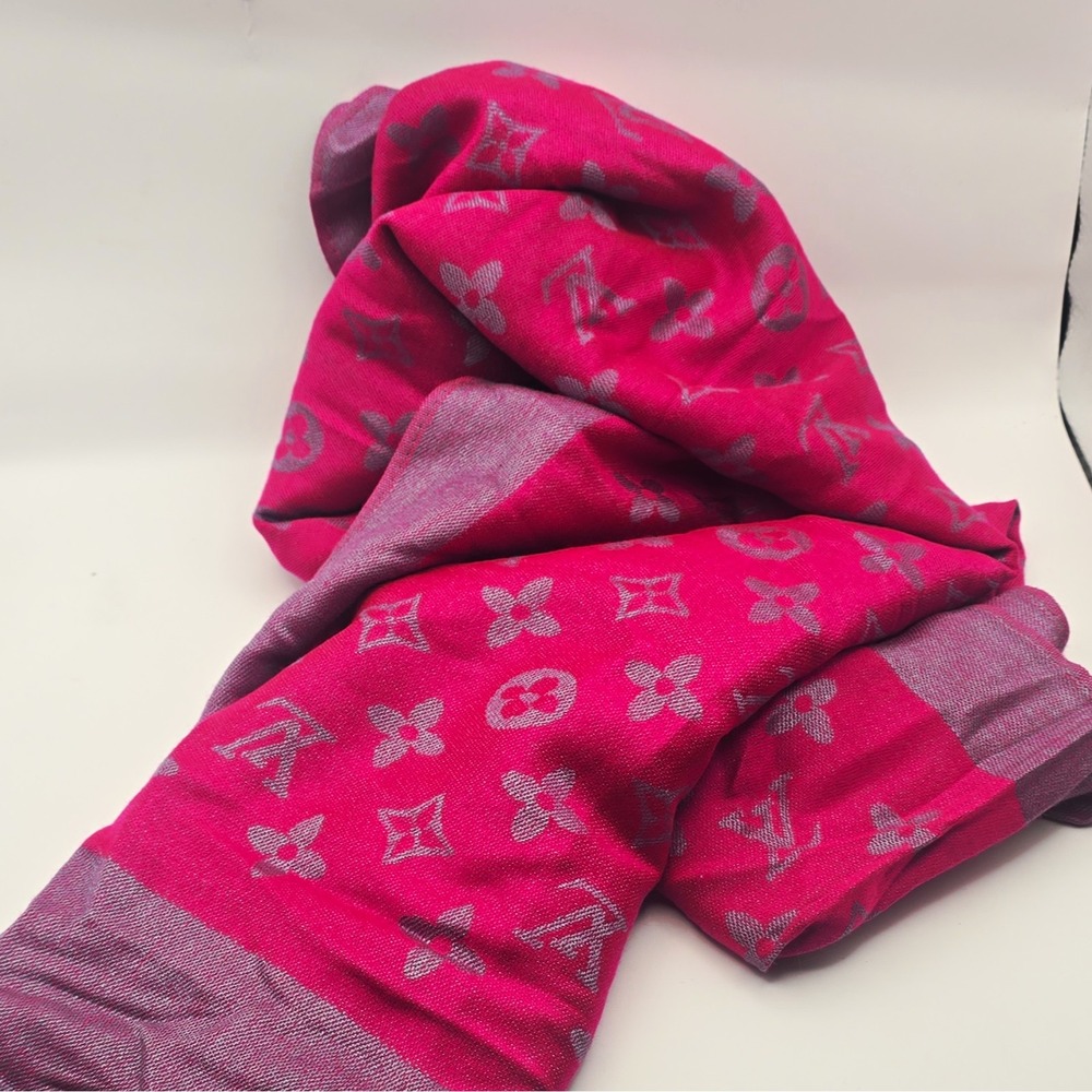 Louis Vuitton Pink Purple Silk Satin Monogram Logo Women's Rectangle Scarf